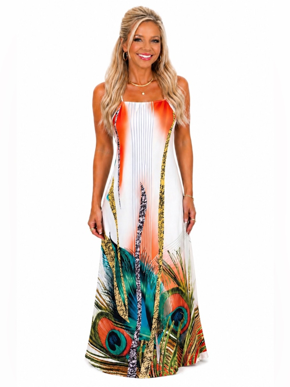 Bold Peacock Print Maxi Dress | SIZE SMALL | Statement Summer Piece 🦚